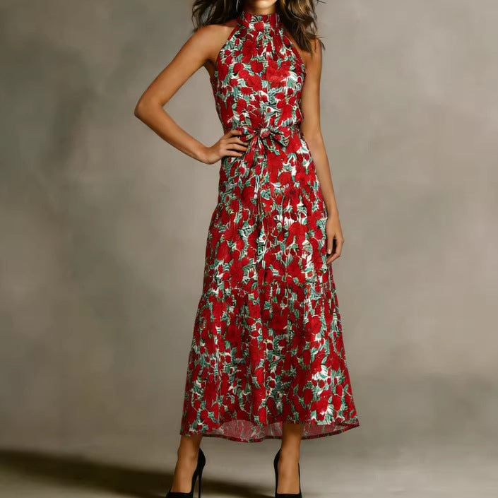 Damen Maxikleid mit floralem Schnitt und schmalem Taillengürtel Drune