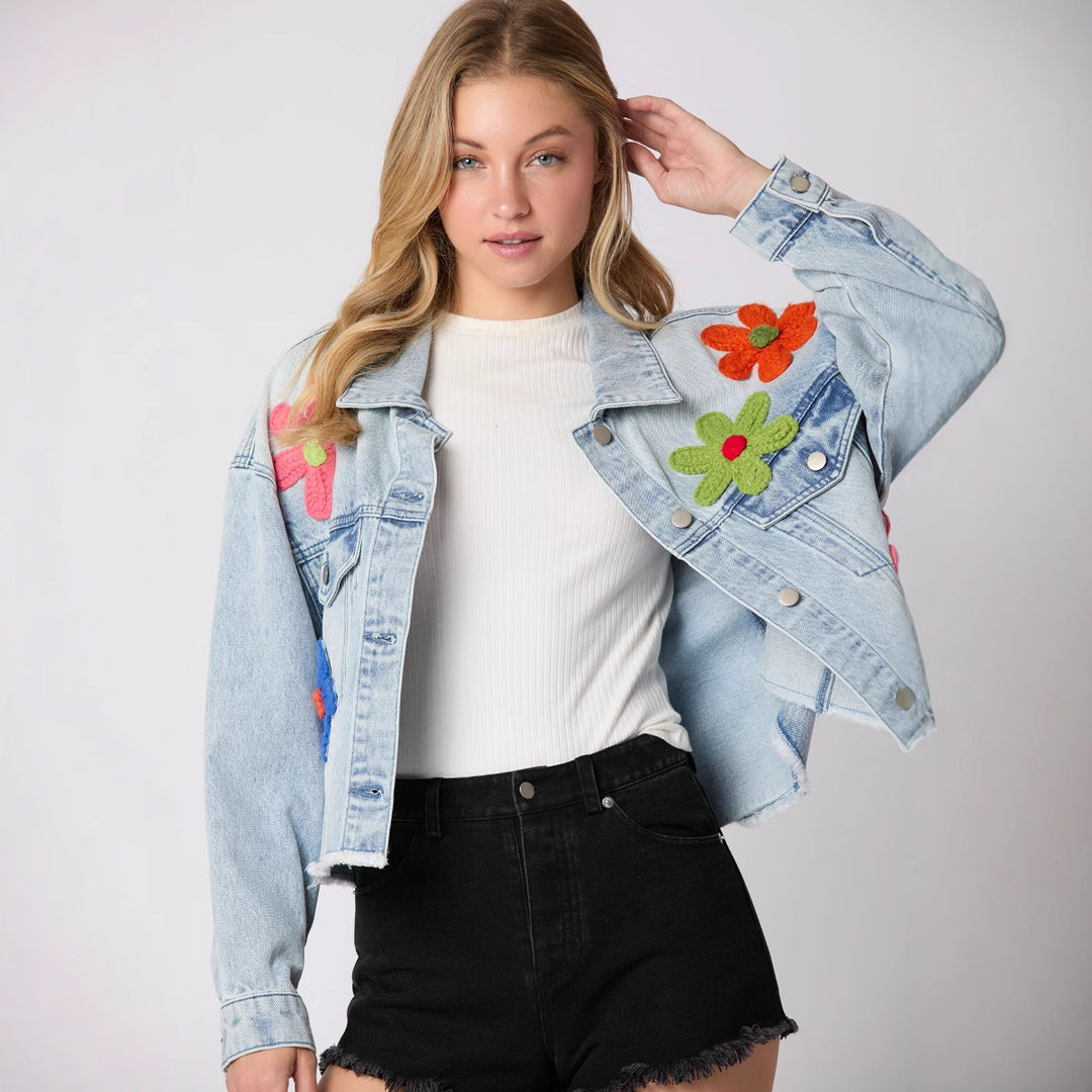 Damen Modische Jeansjacke im sportlichen Look mit buntem Motiv Drune