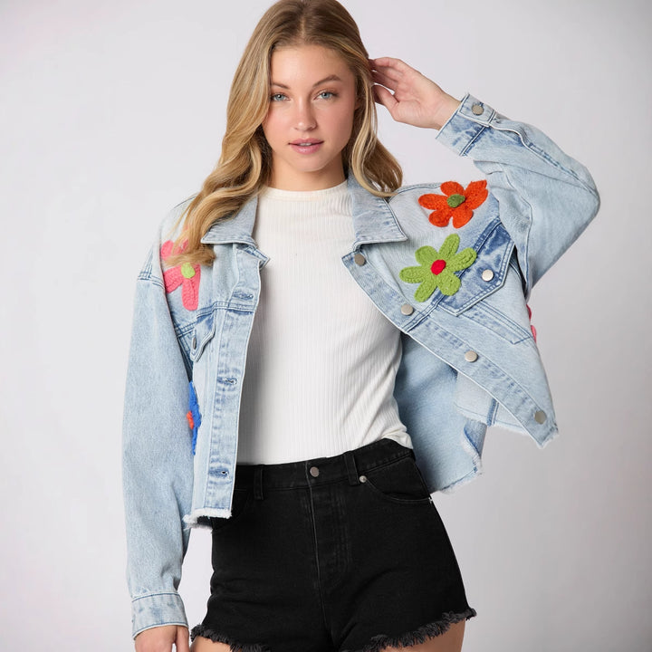 Damen Modische Jeansjacke im sportlichen Look mit buntem Motiv Drune