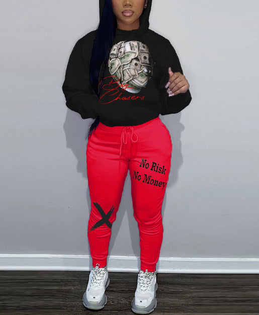 Damen Kapuzenpullover und Jogginghose Set mit auffälligem Geldmotiv Drune