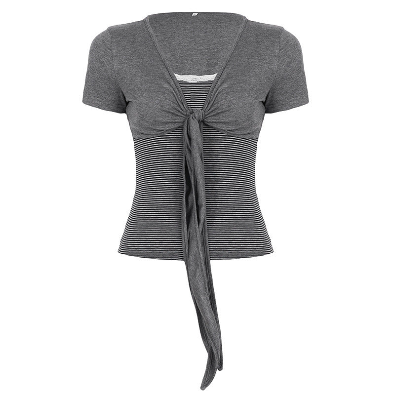 Damen kurzes T-Shirt mit Knoten-Detail und gestreiftem Design Drune