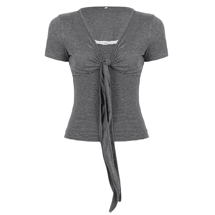 Damen kurzes T-Shirt mit Knoten-Detail und gestreiftem Design Drune