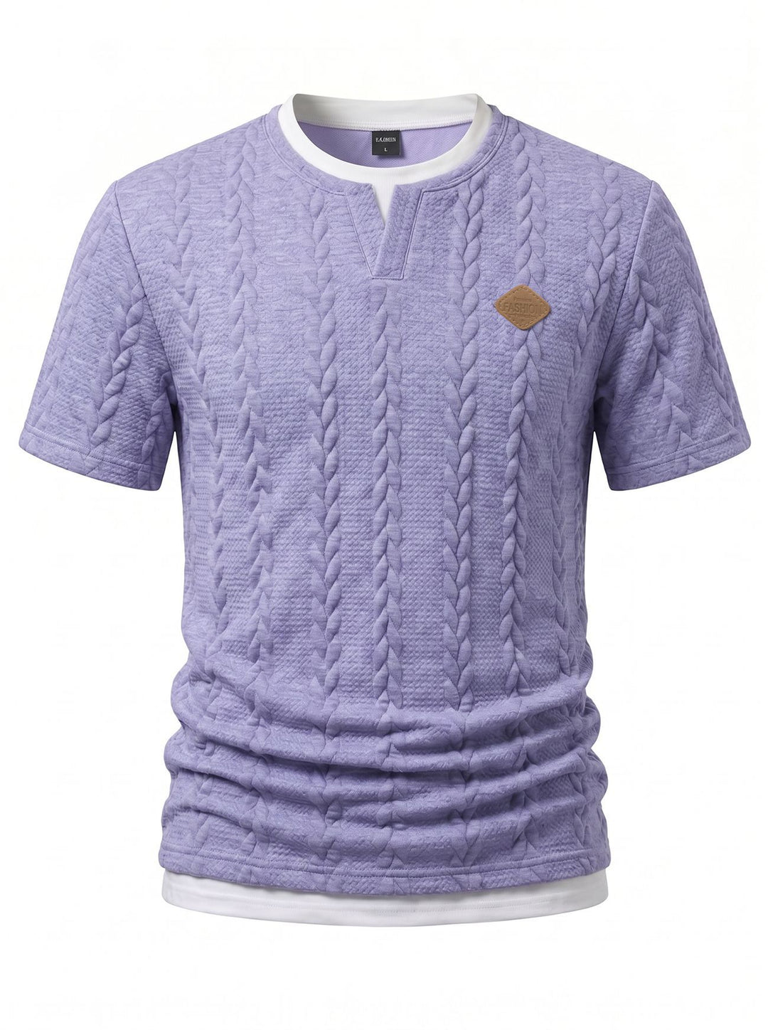 Herren nan texturiertes Kurzarmshirt mit geprägter Zopfstruktur, V‑Einsatz am Rundhals und Lagenlook Drune