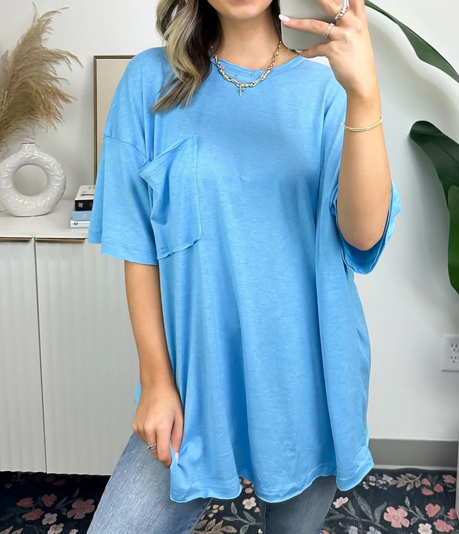 Damen lässiges Oversized T-Shirt mit Tasche Drune