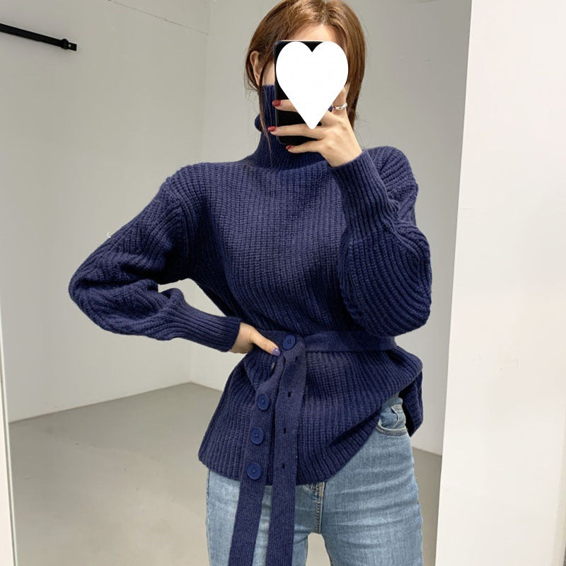 Damen lässiger Strickpullover mit modischem Gürtel Drune