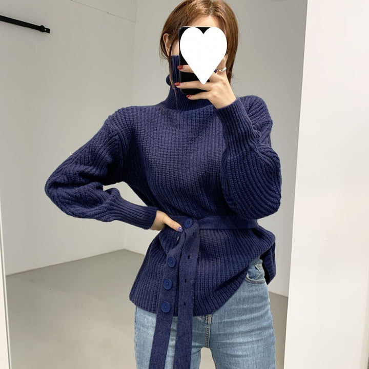 Damen lässiger Strickpullover mit modischem Gürtel Drune