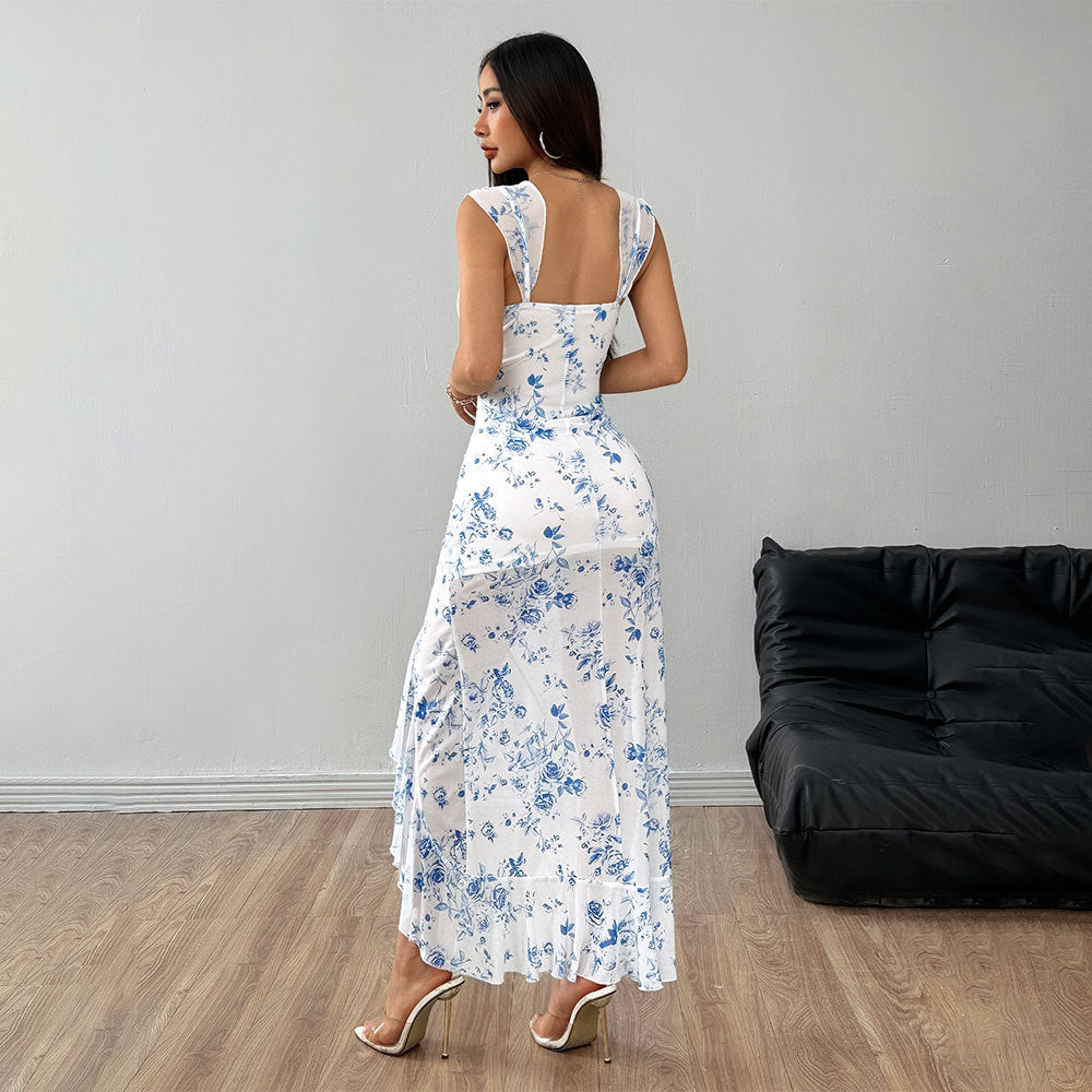 Damen figurbetontes Maxikleid mit floralem Design und seitlichem Schlitz Drune