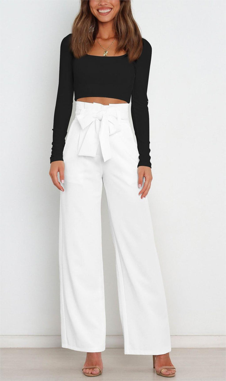 Damen Weit geschnittene High-Waist-Hose mit Binde-Gürtel und Taschen Drune