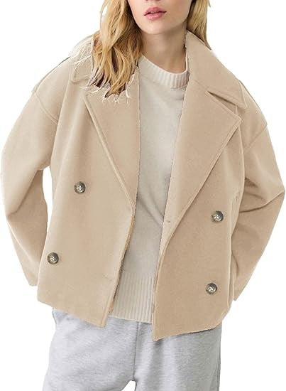 Damen nan kurz geschnittener Zweireiher Wollmix-Peacoat mit überbreitem Revers und kastiger Silhouette Drune