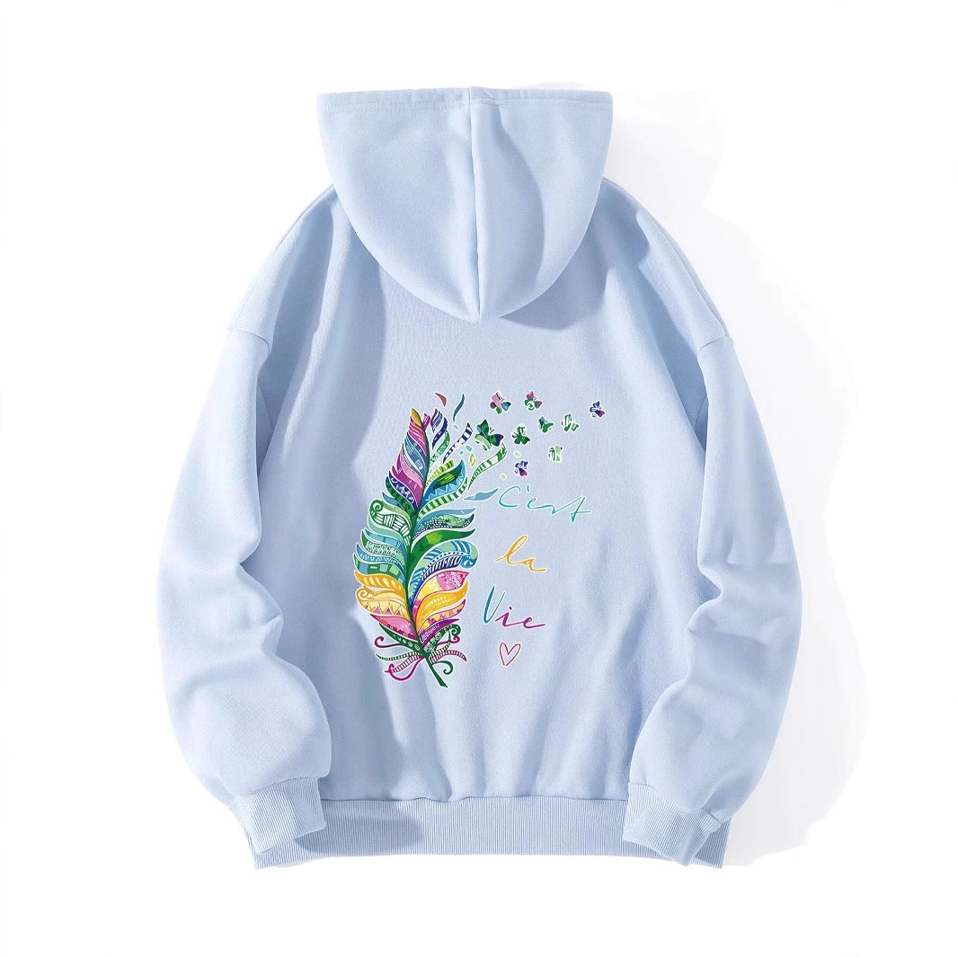 Damen lässiger Kapuzenpullover mit buntem Federdesign und inspirierendem Schriftzug Drune