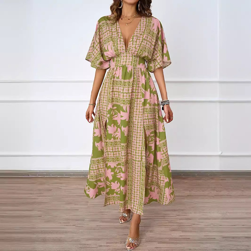Damen luftiges Maxikleid mit tiefem V-Ausschnitt und eleganten Rüschen Drune