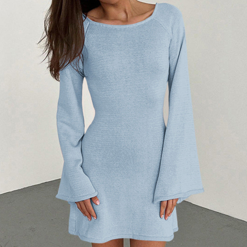 Damen lässiges Strickkleid mit weiten Ärmeln und Rundhalsausschnitt Drune