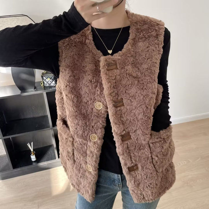 Damen gemütliche Teddy-Weste mit großen Taschen Drune