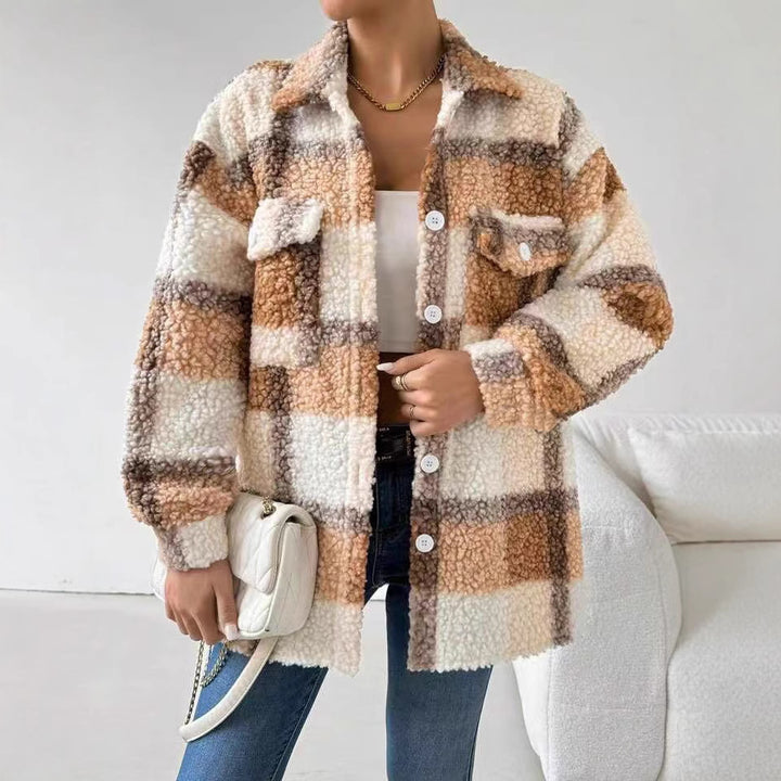 Damen Plüsch Overshirt mit Karomuster Drune