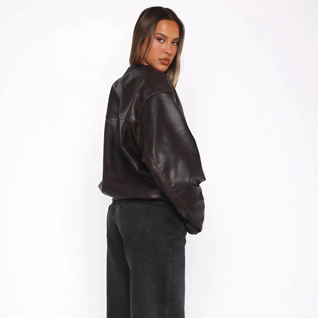 Damen modische cropped Lederjacke mit lässigem Schnitt Drune