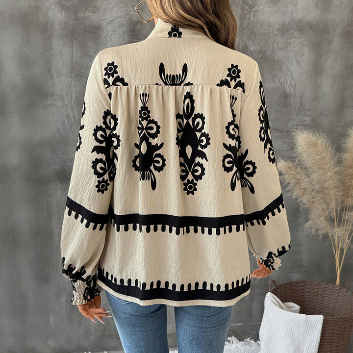 Damen Bluse mit botanischem Druck und Puffärmeln Drune