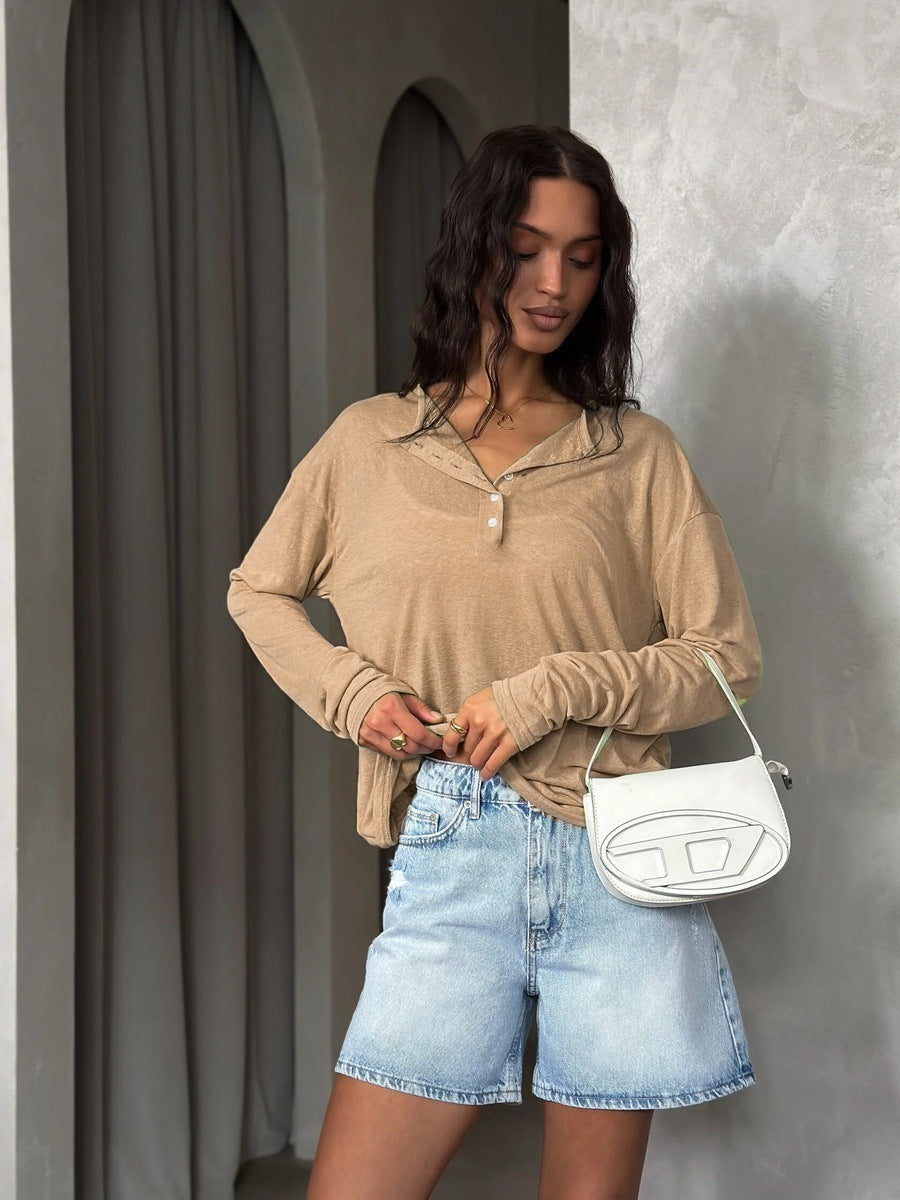 Damen Komfortables und lässiges Langarmshirt mit Knoten Drune