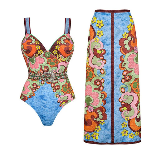 Damen Vintage Badeanzug mit buntem Muster und Schmuckgürtel Drune