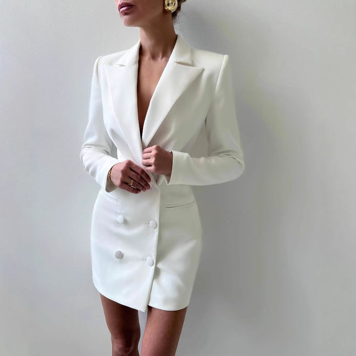 Damen Blazer-Kleid mit Doppelkknopf-Design und tiefem V-Ausschnitt Drune