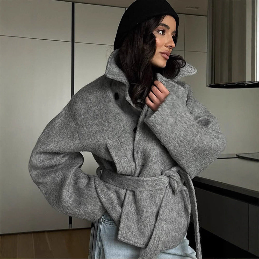 Damen elegante Oversized-Wolljacke mit Gürtel Drune