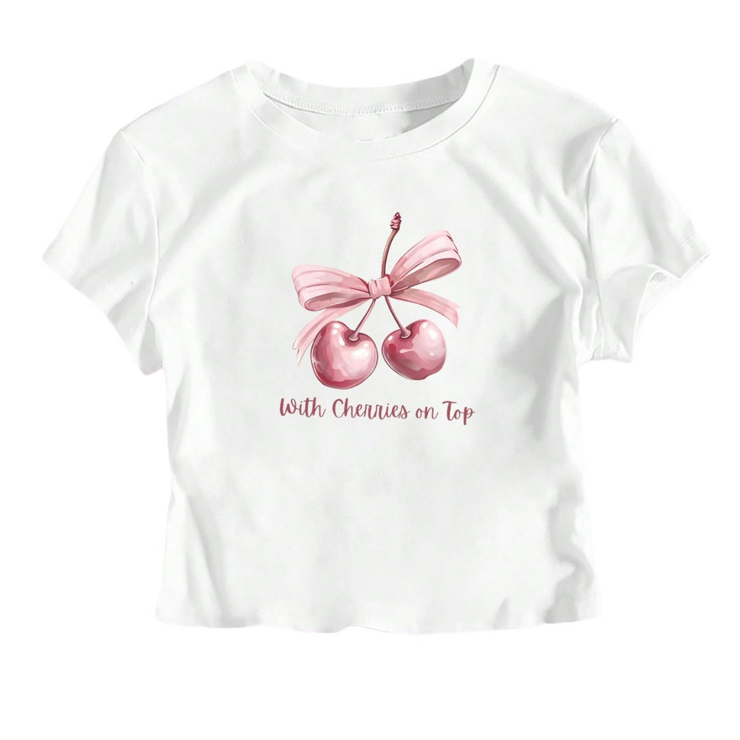 Damen Kurzarm Crop-T-Shirt mit fröhlichem Kirschmotiv und Schleifenapplikation Drune