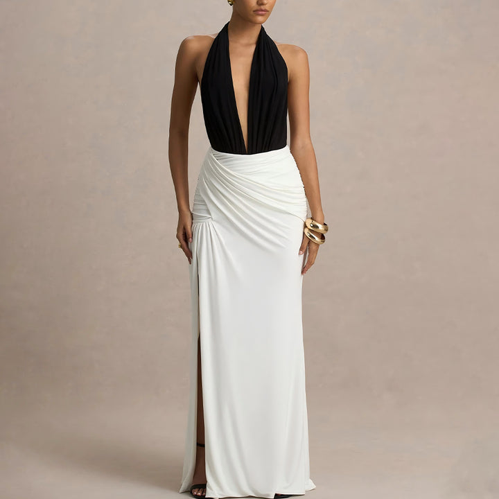 Damen Elegantes Maxikleid mit tiefem V-Ausschnitt und gerafftem Rock Drune
