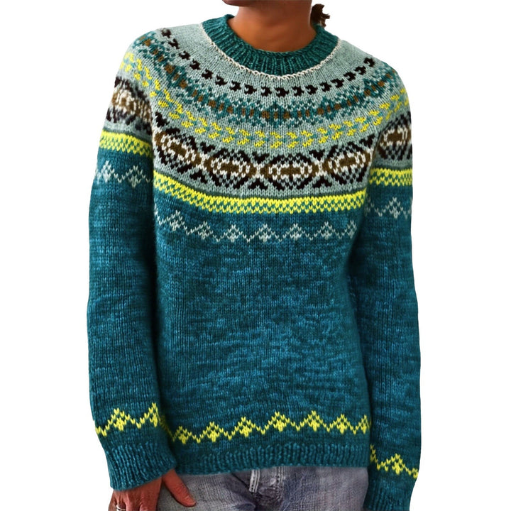 Damen nan melierter Rundhalsausschnittpullover mit kreisförmigem Jacquard-Yoke und geripptem Saum Drune