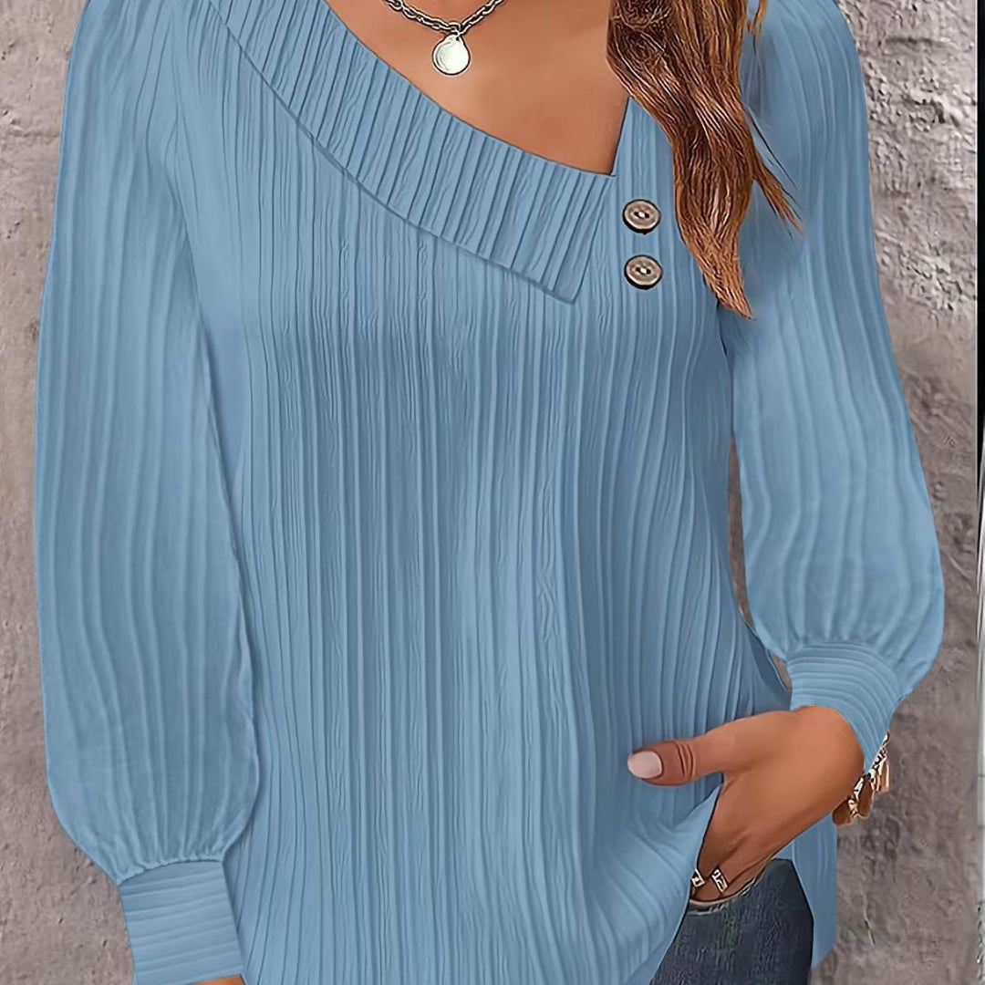 Damen stilvolles und elegantes Oberteil mit asymmetrischem Ausschnitt und Knopfleiste Drune