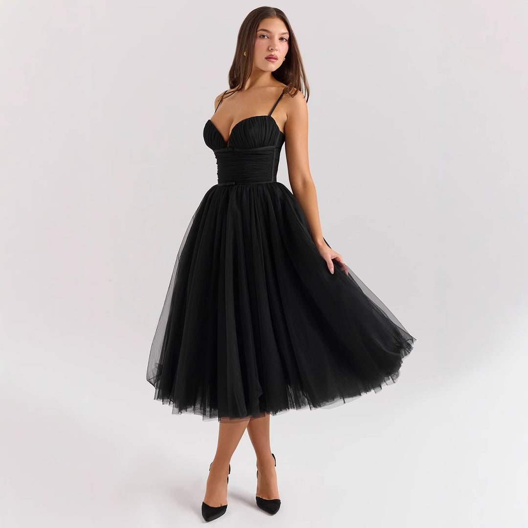 Damen Tüllkleid mit eleganter A-Linien Silhouette und verstellbaren Spaghettiträgern Drune