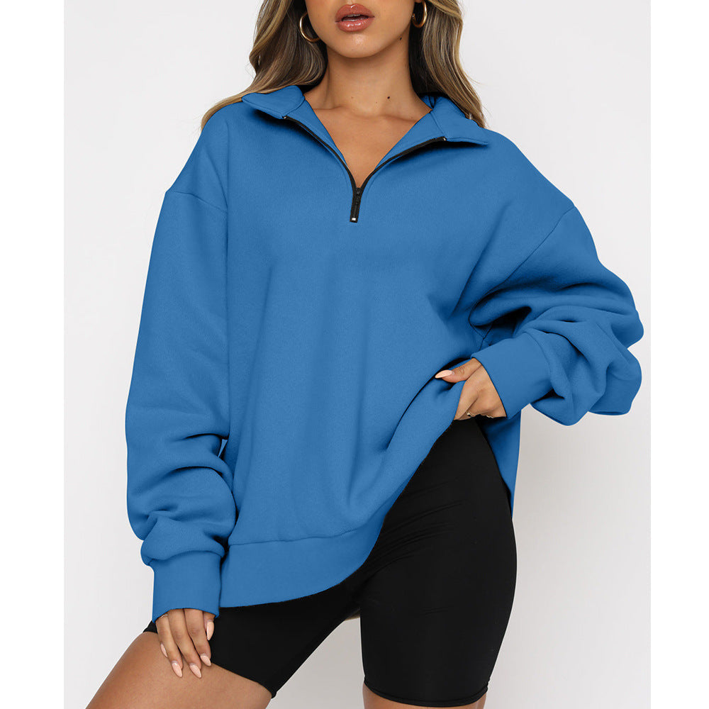 Damen nan oversized Sweatshirt mit halbem Reißverschluss, Stehkragen und überschnittener Schulter Drune