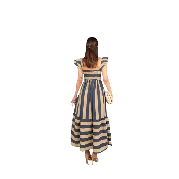 Damen Maxi-Kleid mit verspieltem Streifenmuster und Rüschendetails Drune