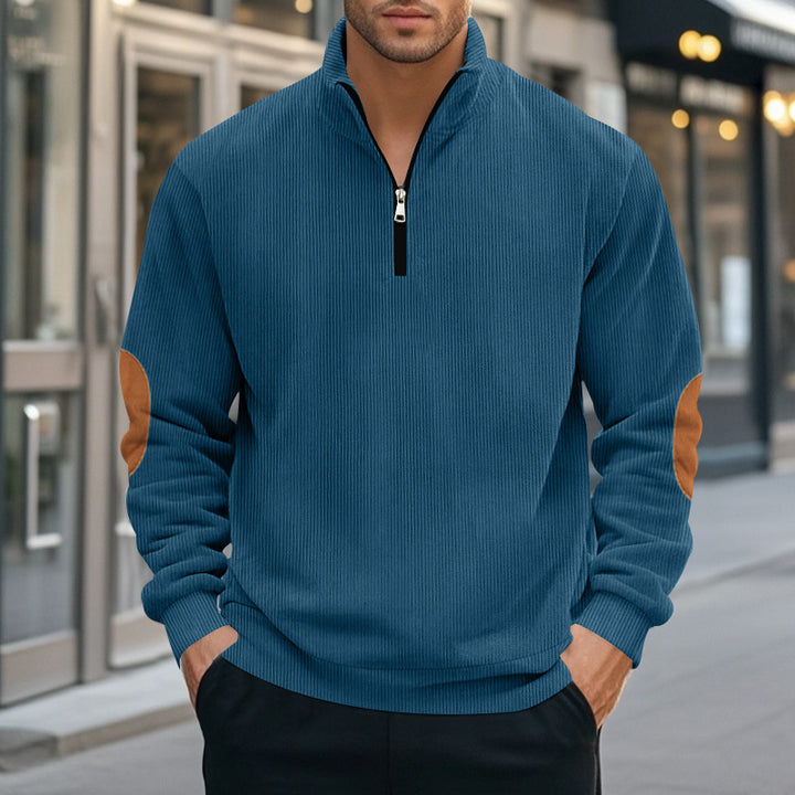 Herren nan Troyer-Halbfleecepullover mit Rippstruktur, elastischen Bündchen und Kontrast-Ellenbogenpatches Drune