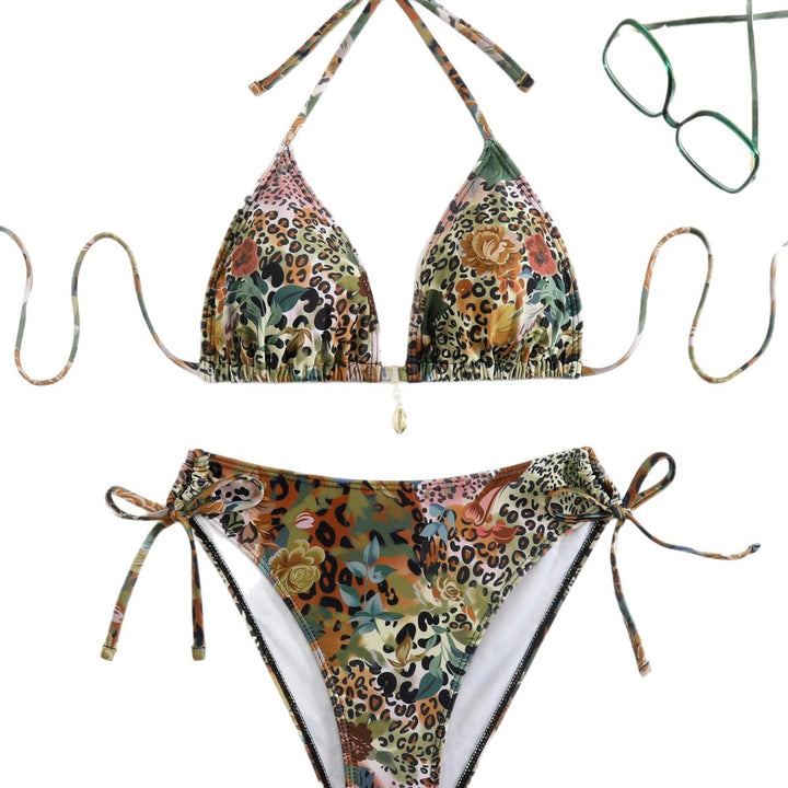 Damen Triangel-Bikini-Set mit floralem Leopardenmuster Drune