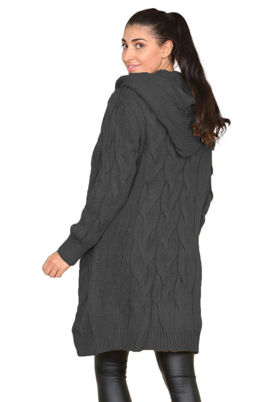 Damen Strickmantel mit Kapuze und Zopfmuster Drune