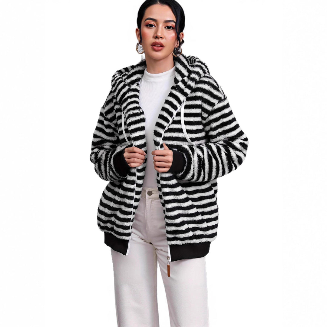 Damen Flauschige Strickjacke mit kontrastierenden Streifen Drune
