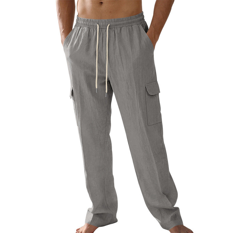 Herren nan lockere Leinen-Cargohose mit elastischem Tunnelzugbund und aufgesetzten Klappentaschen Drune