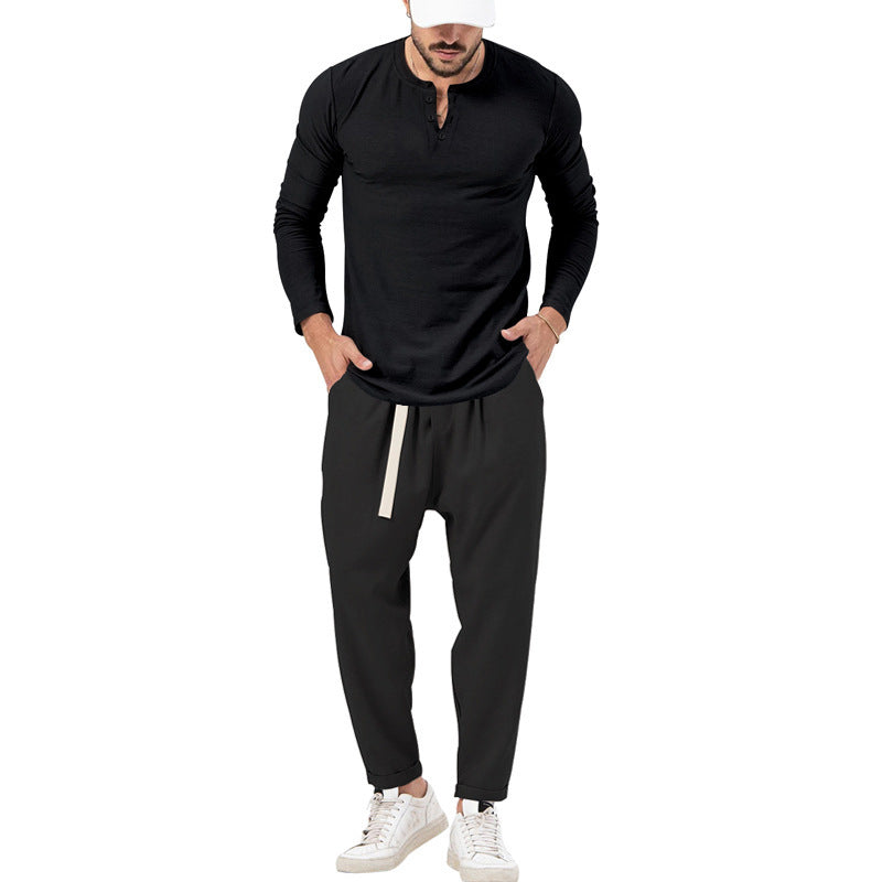 Herren lässiges Langarm-Henley-Shirt kombiniert mit eleganter Jogginghose Drune