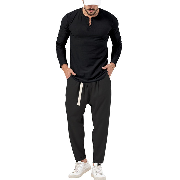 Herren lässiges Langarm-Henley-Shirt kombiniert mit eleganter Jogginghose Drune