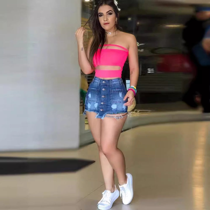 Damen Elegantes Crop-Top mit verführerischen Transparenzelementen und lässigem Mini-Rock Drune
