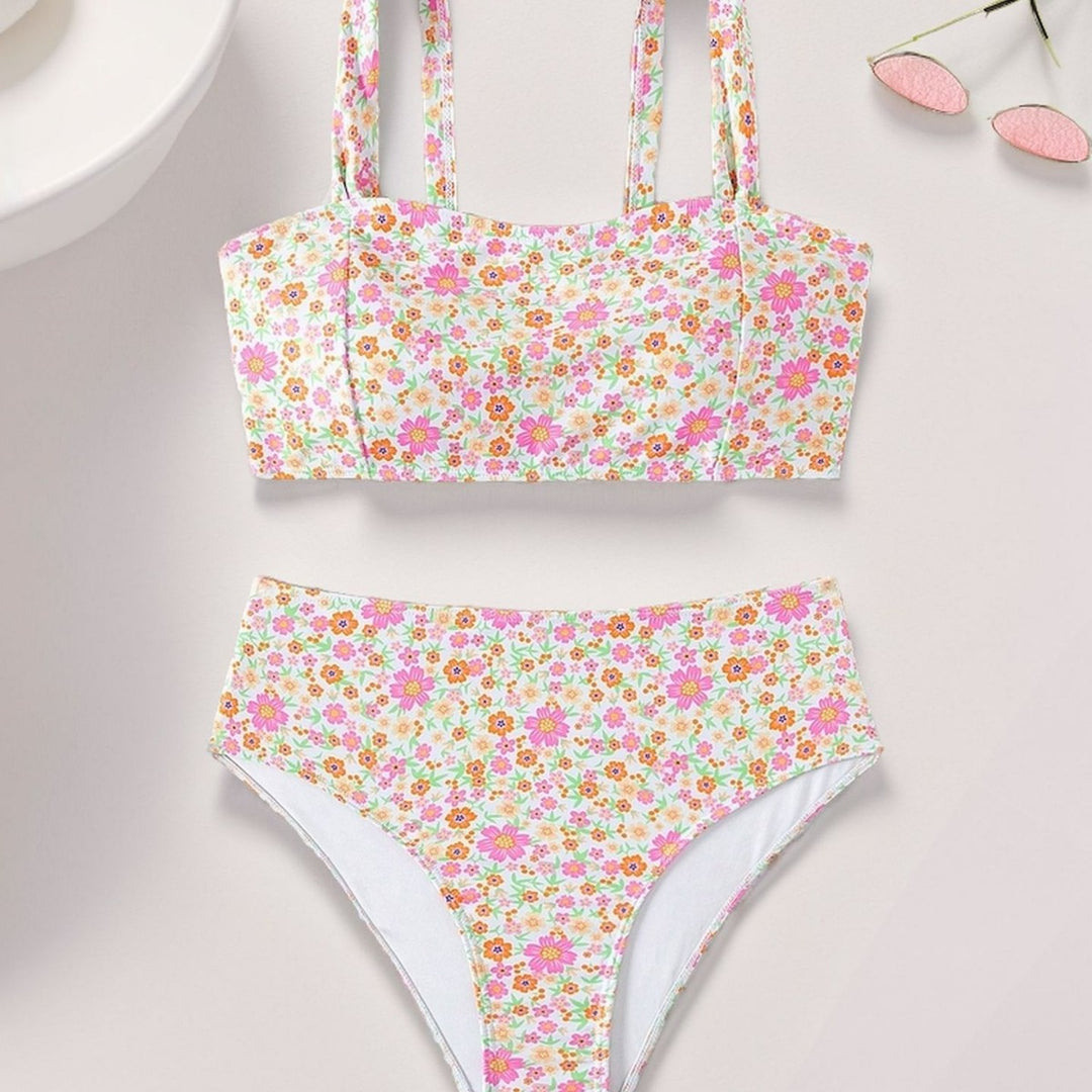 Damen Hochgeschnittener Bikini mit Blumenmuster und breiten Trägern Drune