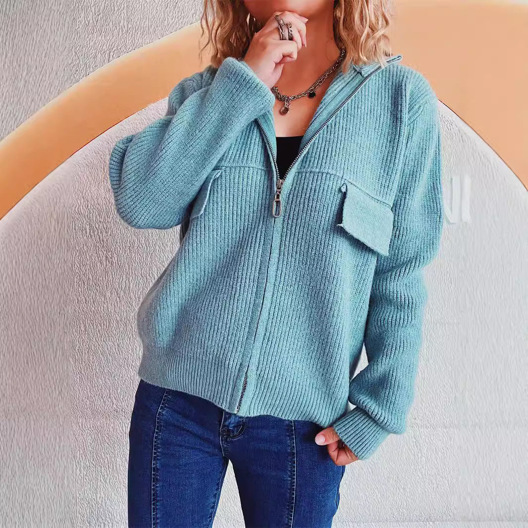 Damen lässige Strickjacke mit praktischen Taschen und hohem Kragen Drune