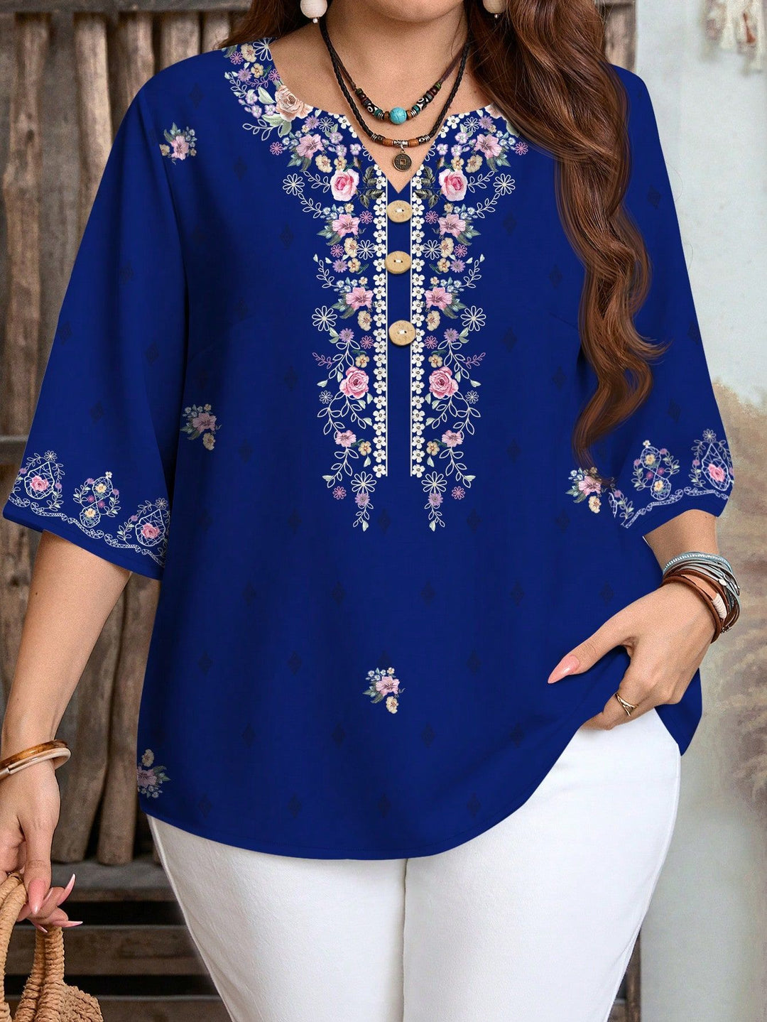Damen Bluse mit Blumenmuster und Knopfleiste Drune