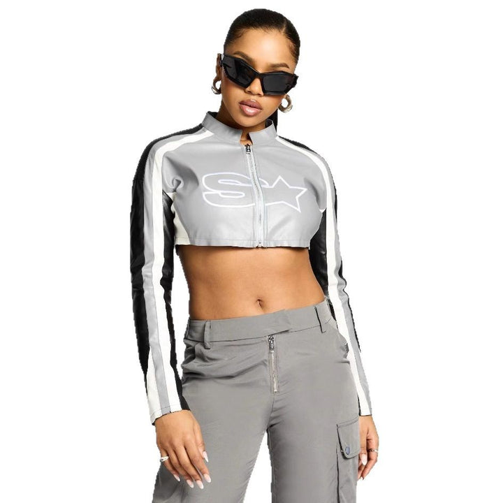 Damen cropped Sportjacke mit stylischem Reißverschluss und kontrastierenden Streifen Drune