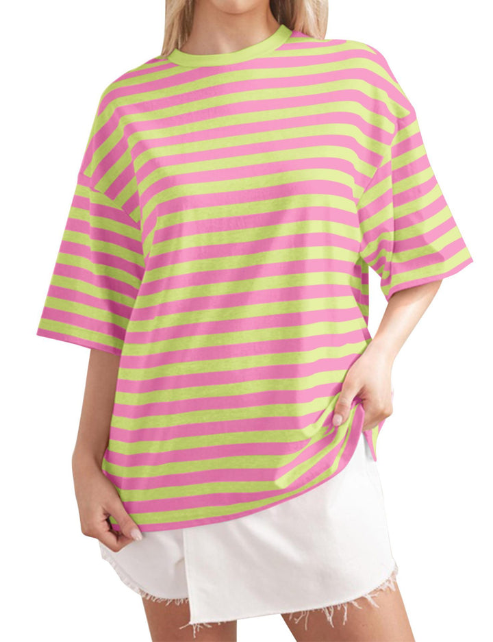 Damen Oversized gestreiftes T-Shirt mit Rundhalsausschnitt und kurzen Ärmeln Drune
