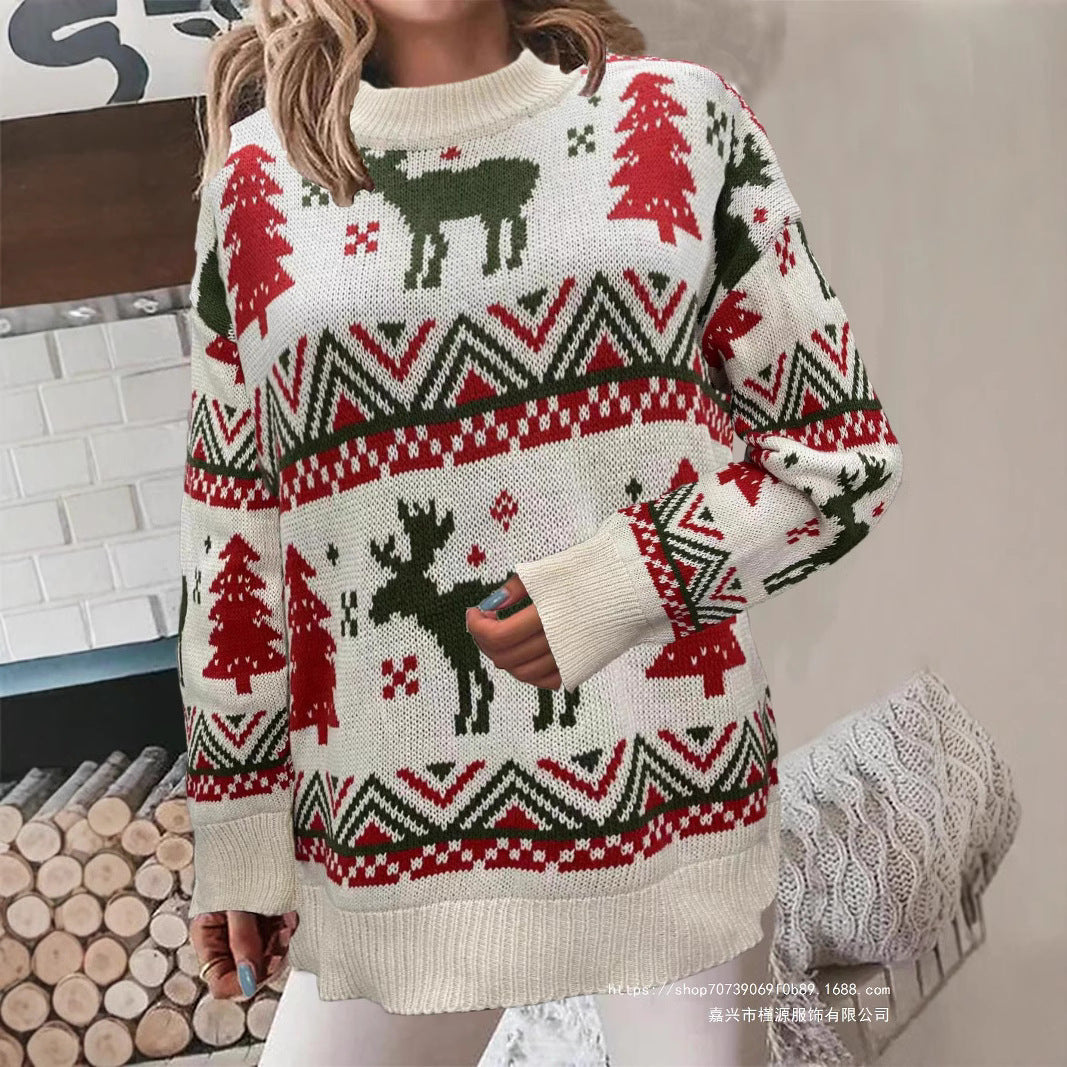 Damen Gemütlicher Weihnachts-Pullover mit festlichem Motiv und hoher Passform Drune