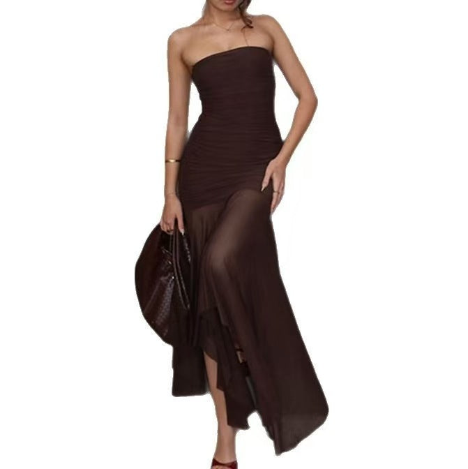 Damen Strapless Maxikleid mit eleganter Raffung und transparentem Rock Drune