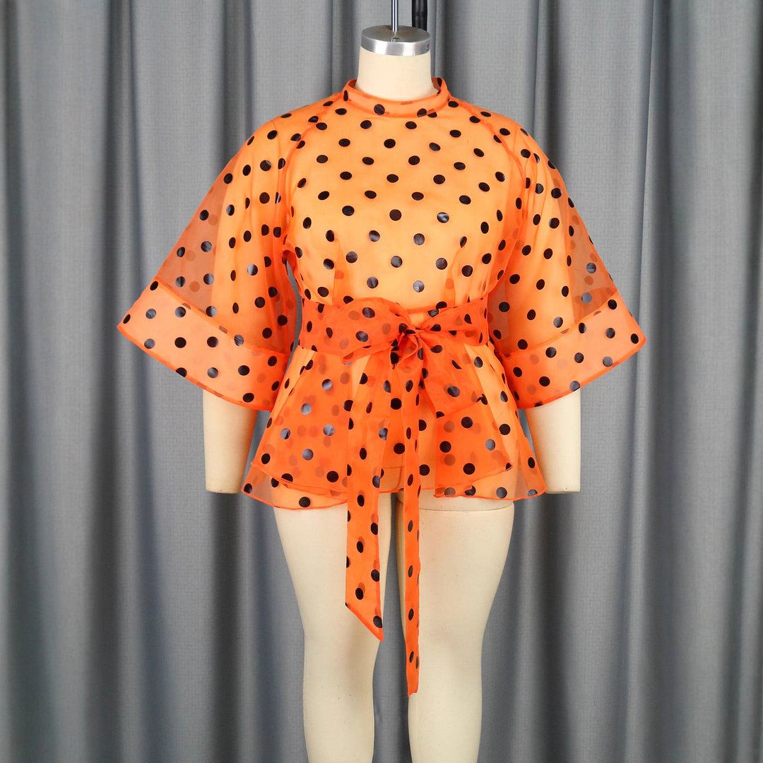 Damen Chiffonbluse mit gepunktetem Design und elegantem Taillengürtel Drune