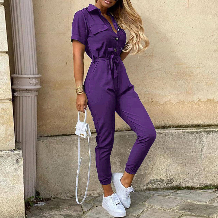 Damen eleganter Utility-Jumpsuit mit Knopfleiste und taillierbarem Bindegürtel Drune