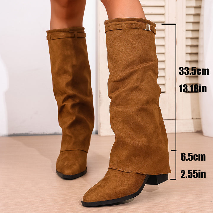 Damen nan knielange Slouch-Stiefel mit spitzer Zehenpartie und niedrigem Blockabsatz Drune