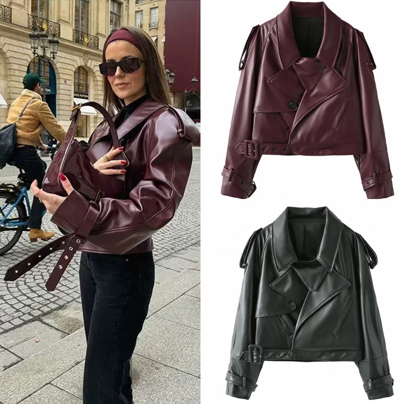 Damen coole cropped Kunstlederjacke mit asymmetrischem Kragen und modischem Design Drune